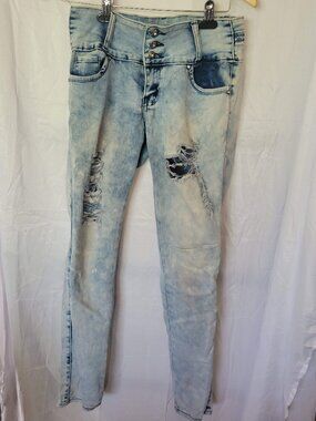Tush Push High Waisted Distressed Skinny Jeans Acid Wash Butt Lifting Stretch 7